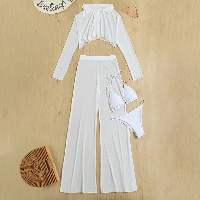 White women's swimsuit four-piece set with backless top and high-waist trousers