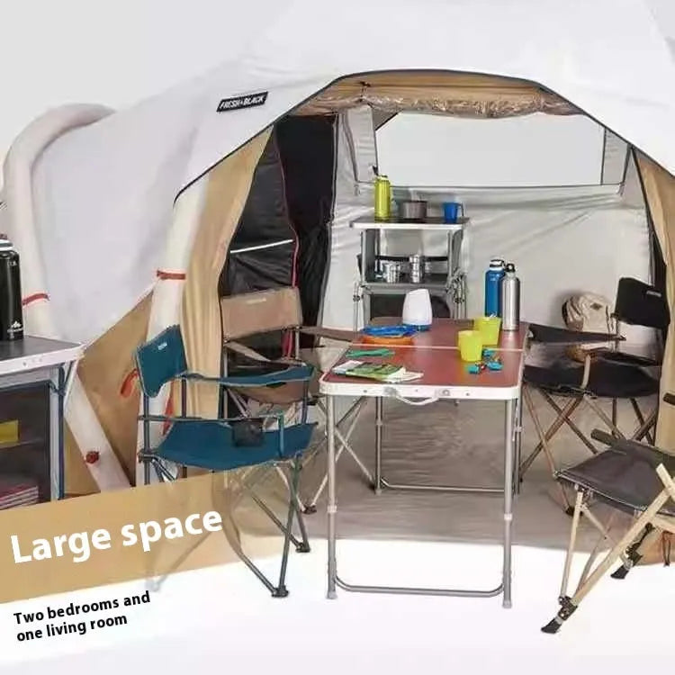 Inflatable camping tent for 4 people with hand pump, double-sheet rainproof design, polyethylene base, set up outdoors