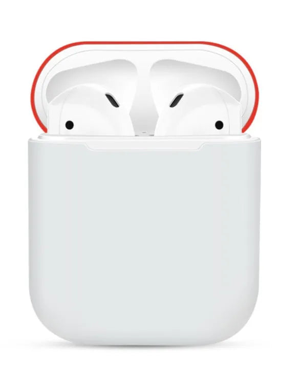 Silicone protective sleeve for Apple AirPods charging case shown in a selection of solid colours including black, blue, and pink.