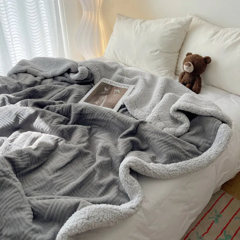 Simple leisure nap blanket in caramel coffee, 70x100cm, polyester fibre, solid colour, on a bed with modern simplicity decor
