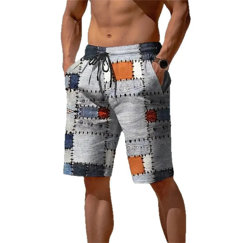 Man wearing loose-fit 3D plaid mesh shorts in a summer setting