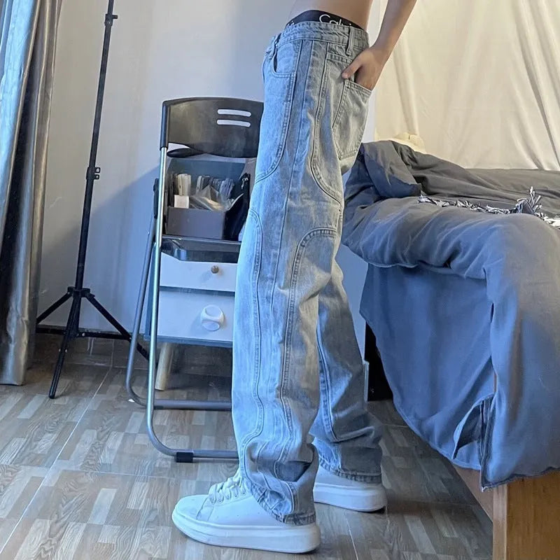 National Tide straight retro wash blue jeans for men and women, loose fit middle waist denim trousers