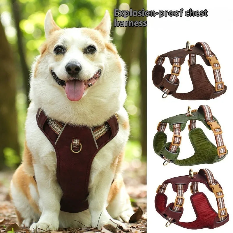 Brown leather explosion-proof reflective pet harness for dogs with chest strap design