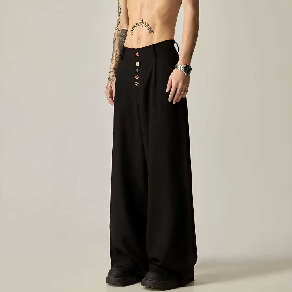 Men's black solid colour wide-leg casual trousers with a straight-leg cut and button fly.