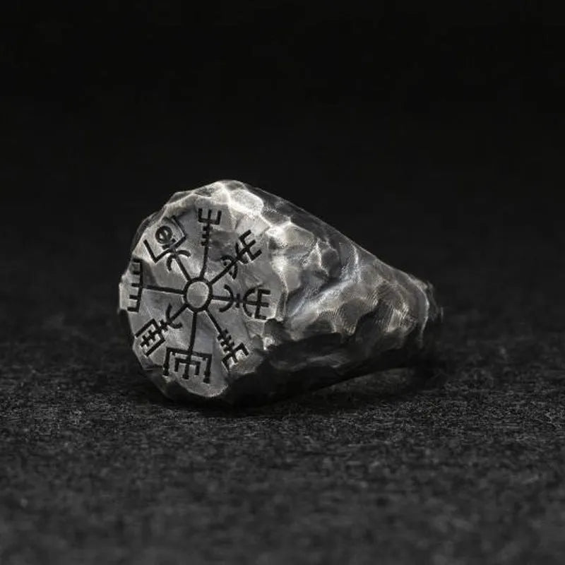 Fashion retro carved compass ring with adjustable alloy band and letter pattern