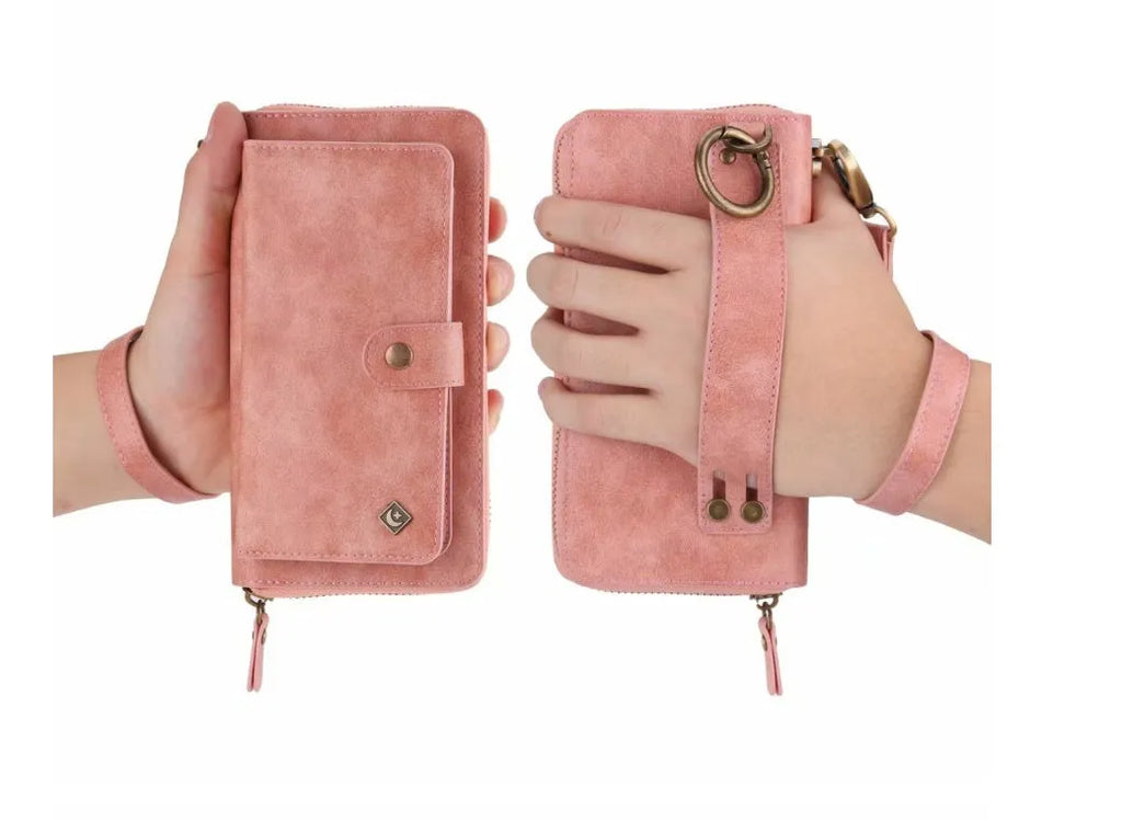 Black imitation leather phone case with a zippered wallet compartment, shown next to a credit card.