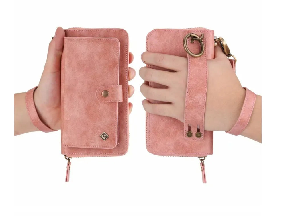 Black imitation leather phone case with a zippered wallet compartment, shown next to a credit card.