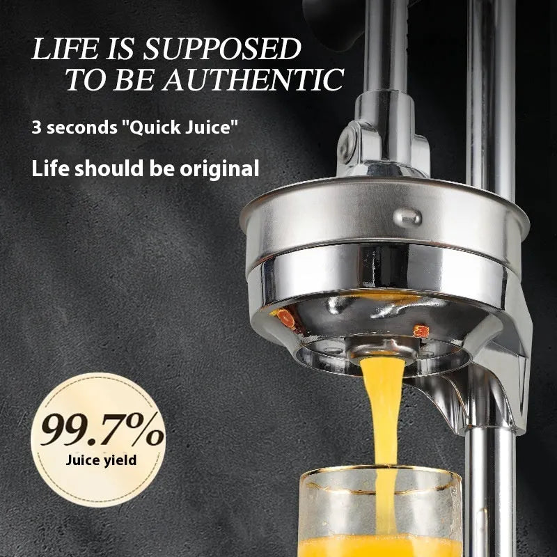 A vertical stainless steel manual citrus juicer on a kitchen counter, showing different colour and head style options.