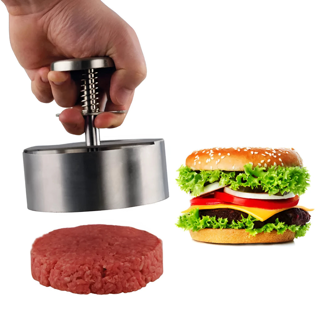 Silver stainless steel patties mould burger press on plain background