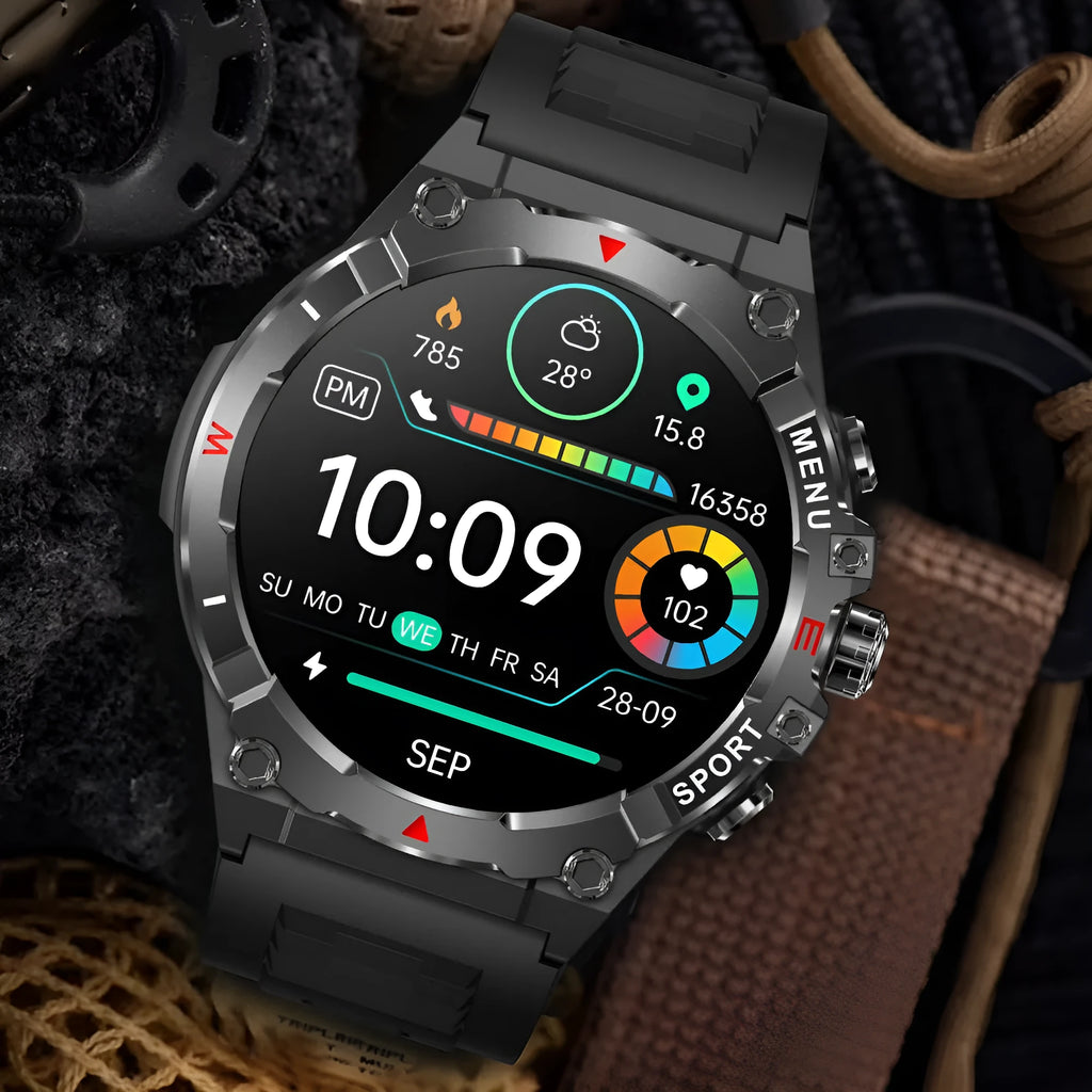 V76 GPS watch in black with built-in compass and altimeter on a white background