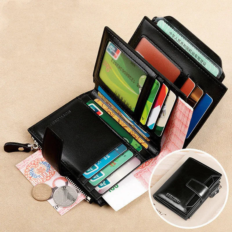 Vintage men's genuine leather anti-theft RFID wallet in brown oil wax bifold style