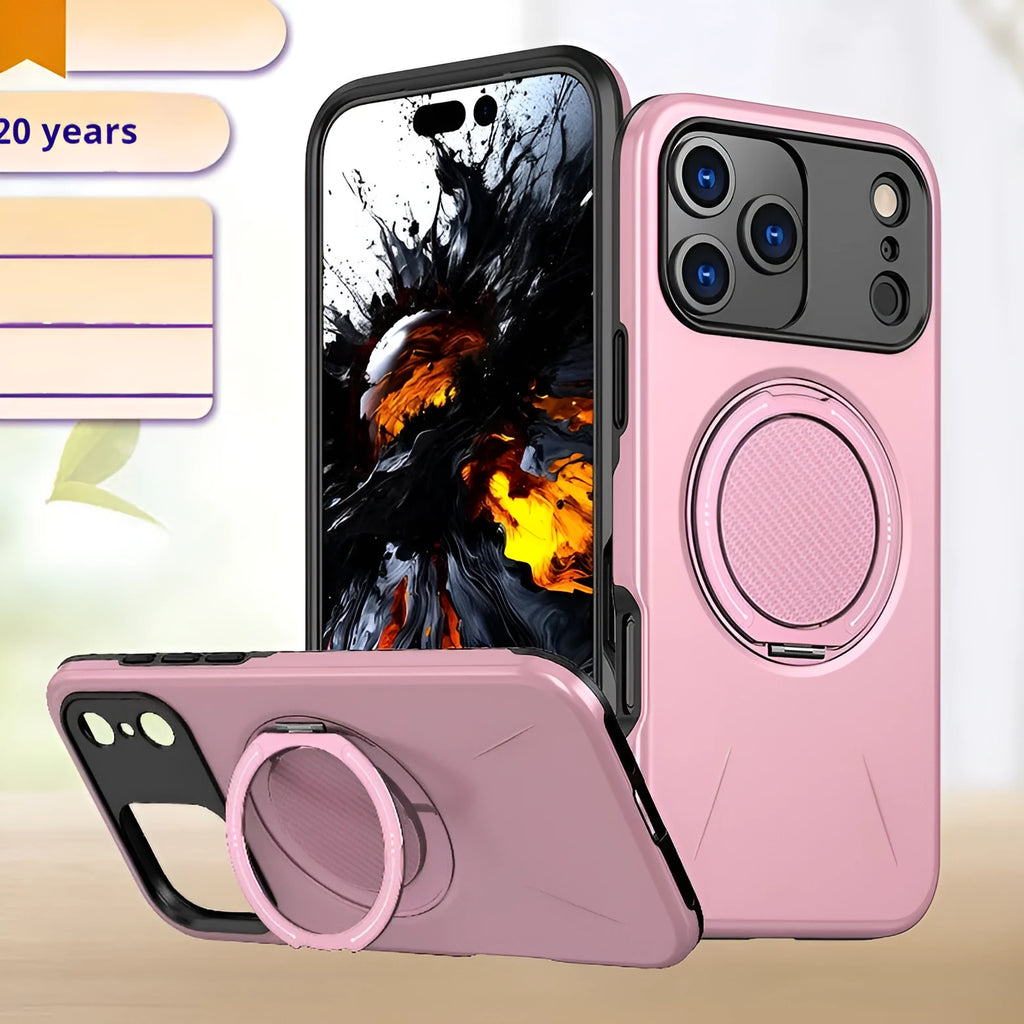 Rotating damping magnetic bracket phone case for iPhone 17Pro in black showing kickstand deployed