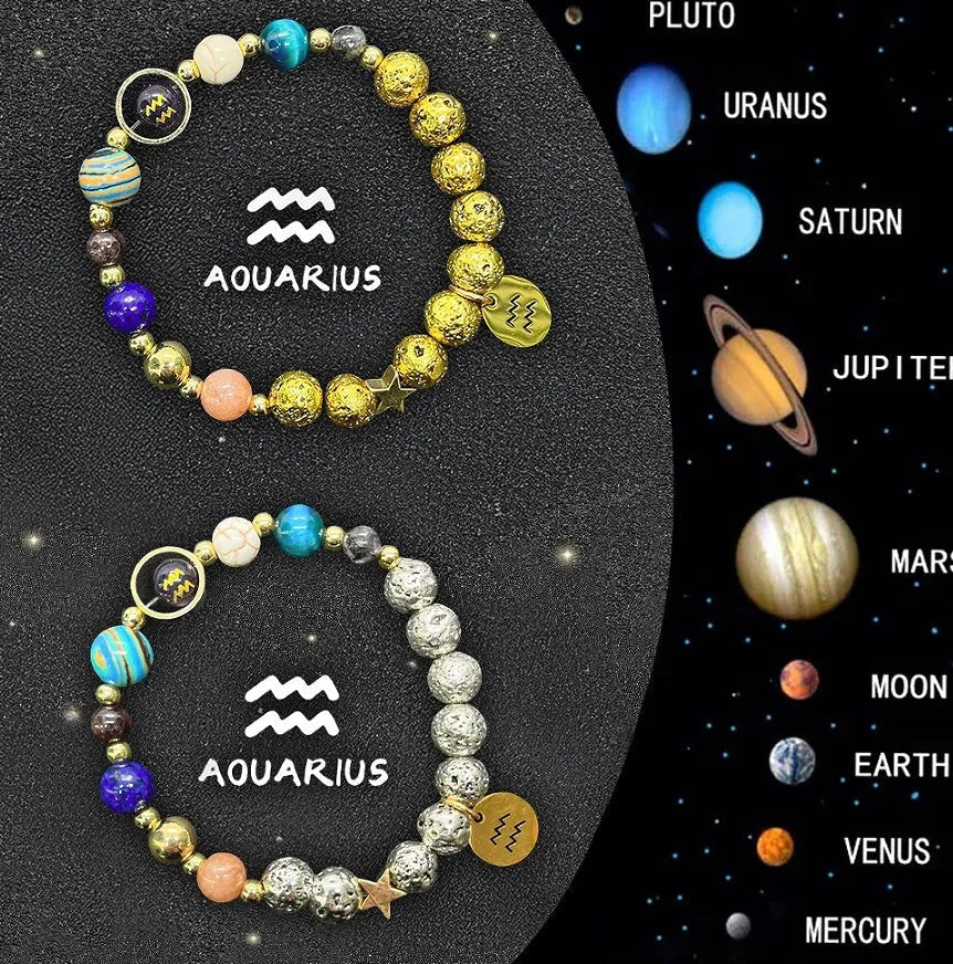 Two natural stone beaded bracelets showing a zodiac symbol design on a flat surface.