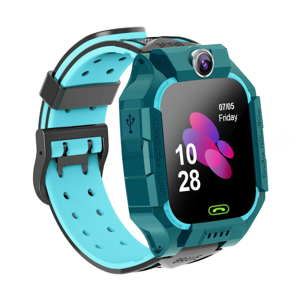 Blue children's smart watch with silicone strap and touch screen on wrist.