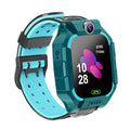 Blue children's smart watch with silicone strap and touch screen on wrist.