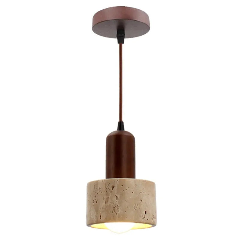 Cream style wabi sabi yellow cave stone pendant light with iron body and marble shade hanging from ceiling
