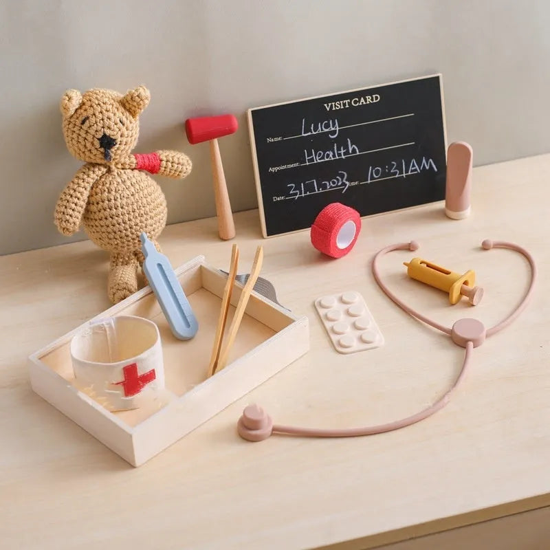 Wooden children's doctor play set with stethoscope and medical tools in cloth bag packaging