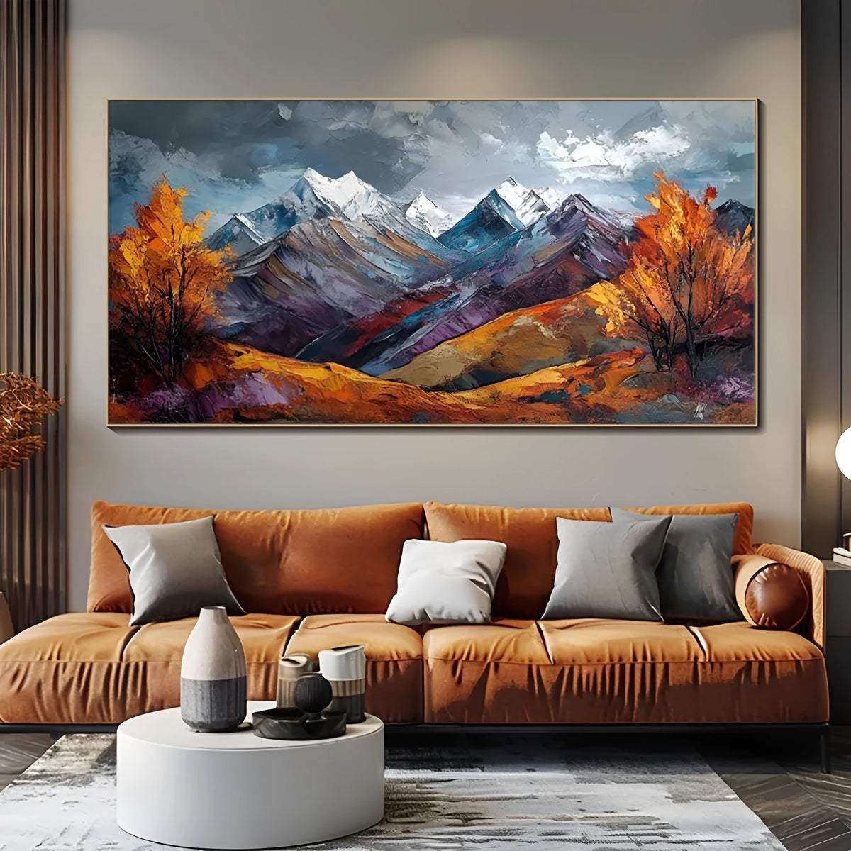 Handmade oil painting on canvas of a snow mountain and autumn scenery, frameless and rolled for home wall decor