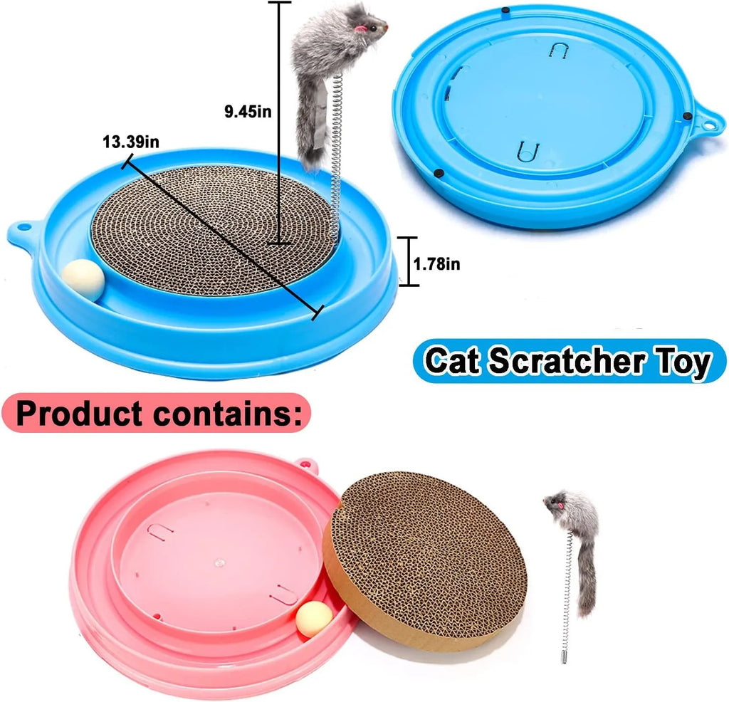 Blue interactive cat scratcher toy with ball track and replaceable scratch pad on a round base.