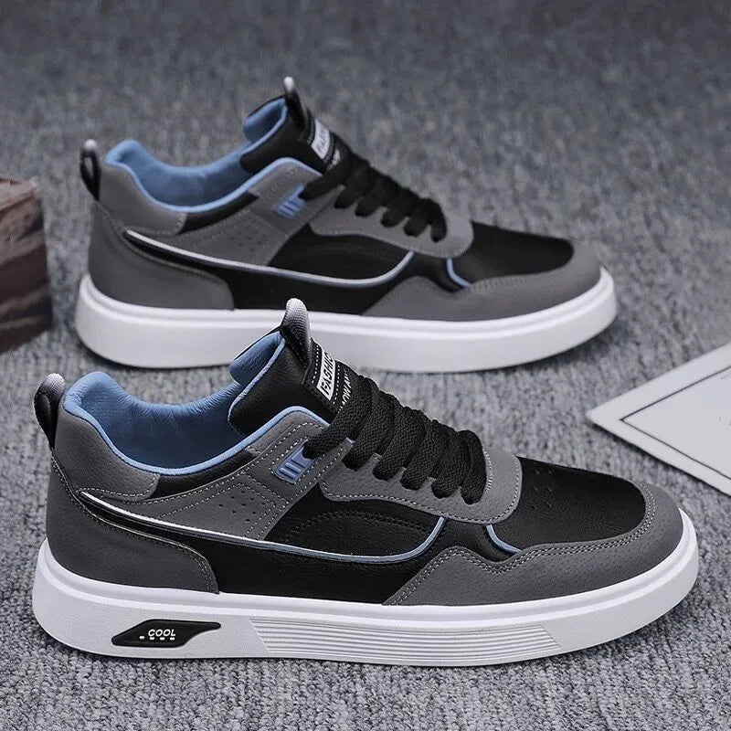 Men's low-top canvas board shoes in grey with leather stitching and mesh lining visible at the collar.