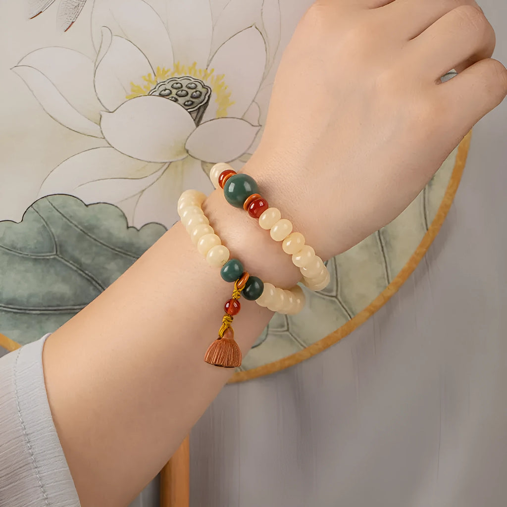 Wooden Bodhi bracelet with 6*9mm flat round beads and double-ring clasp for 15-20cm wrists