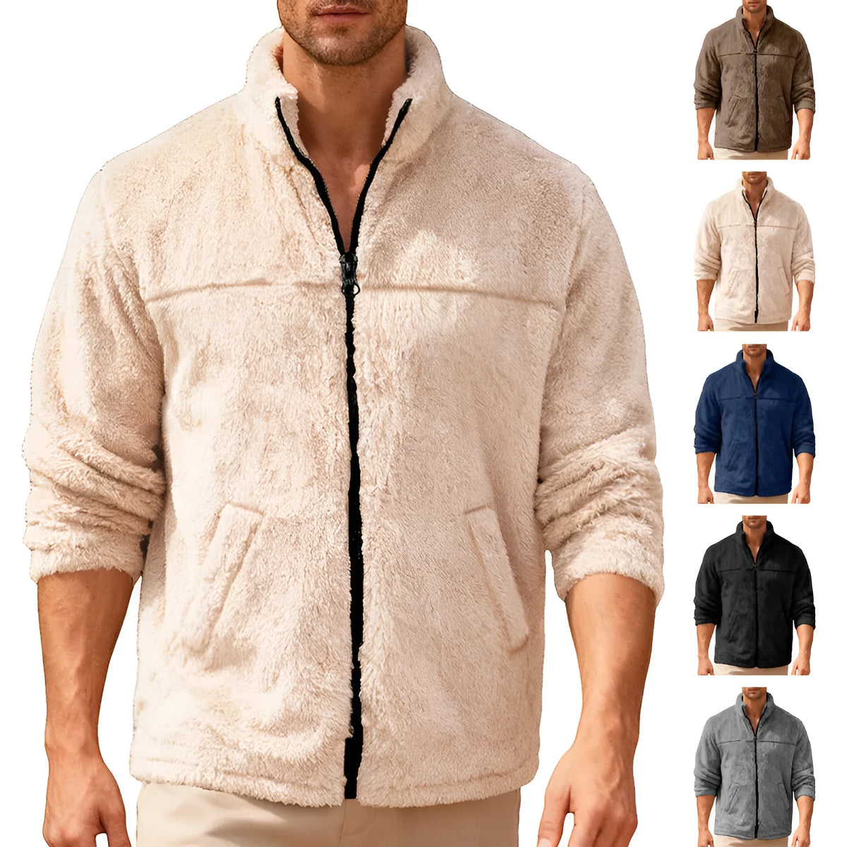 Bejirog men's loose fit zip jacket with stand-up collar and long sleeves in navy blue, black, khaki, dark grey or dark brown.