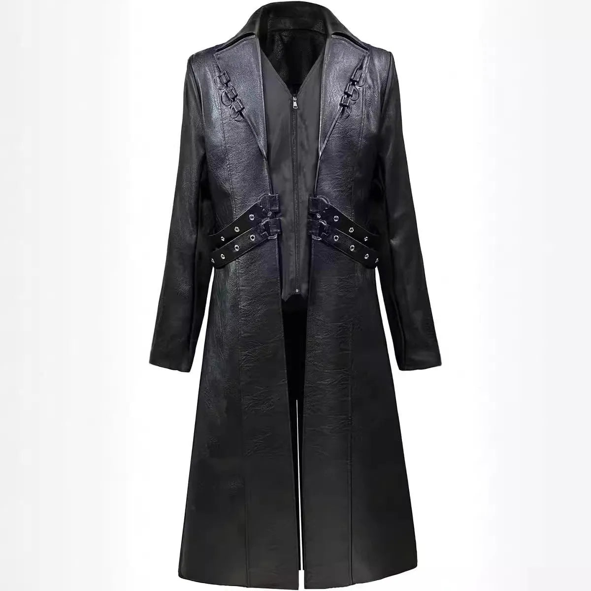 Mid-length retro PU leather trench coat in black, European style with medieval inspiration, sizes S-XXXL