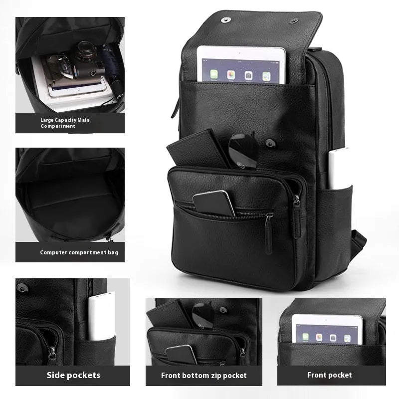 Waterproof PU leather backpack in amber brown, cool black or khaki, 40x28x18cm, with air pillow belt