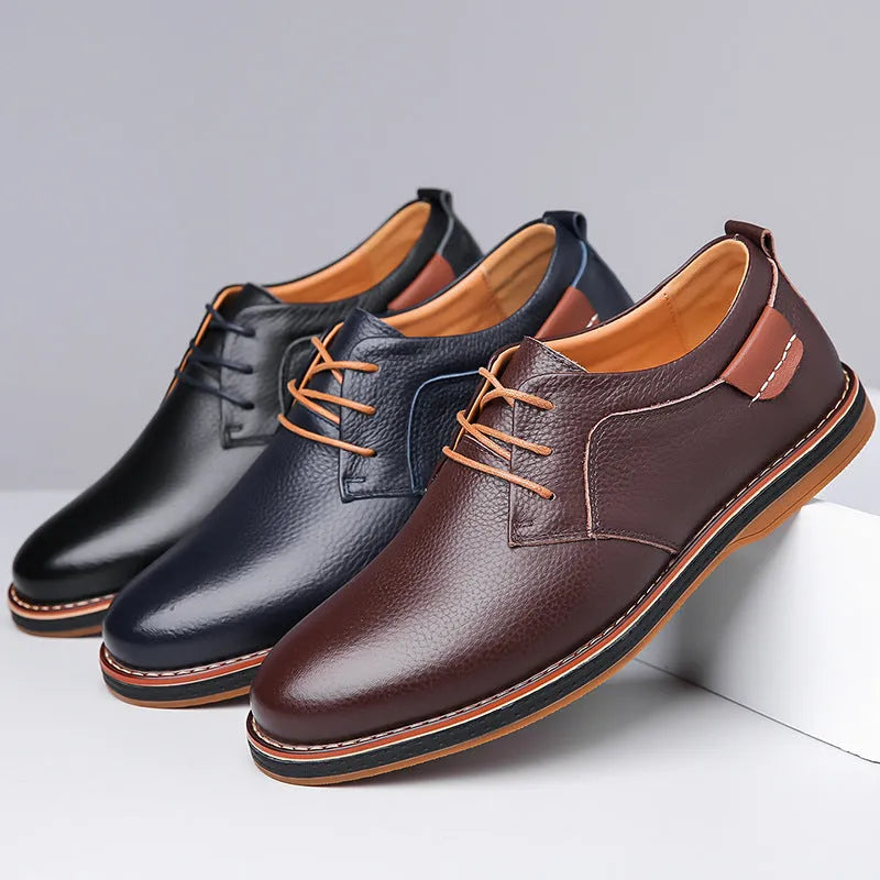 Men's business casual shoes in first layer cowhide, flat heel and round toe, black blue or brown