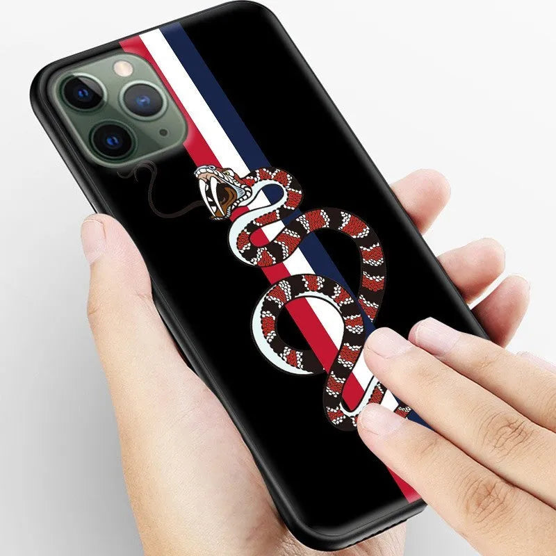 Black frosted iPhone case with cartoon snake design on back, slim TPU construction