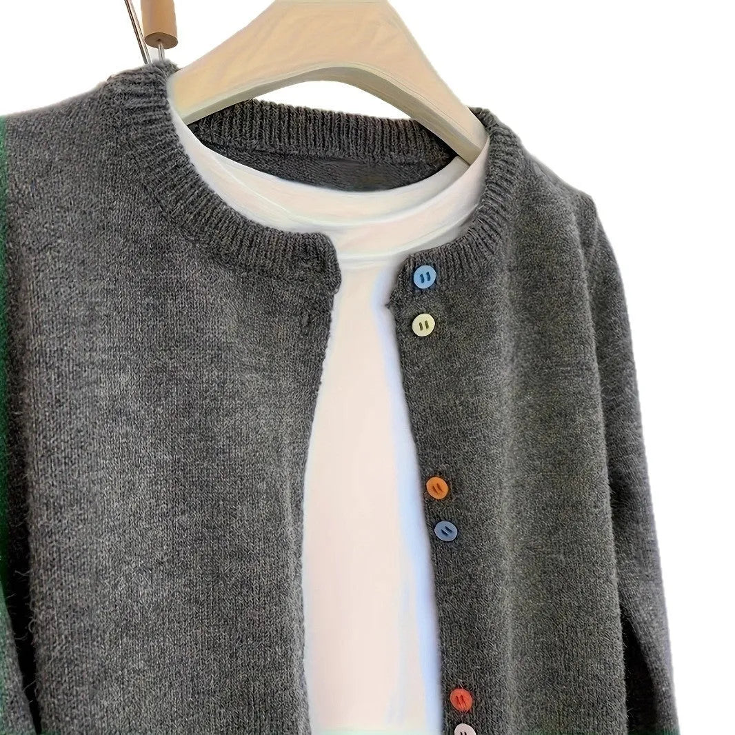 Dark grey women's polyester cardigan sweater with long sleeves and button front.