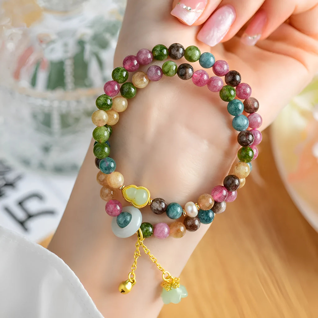 Chalcedony double circle geometric bracelet with 6-6.5mm beads in C118 colour