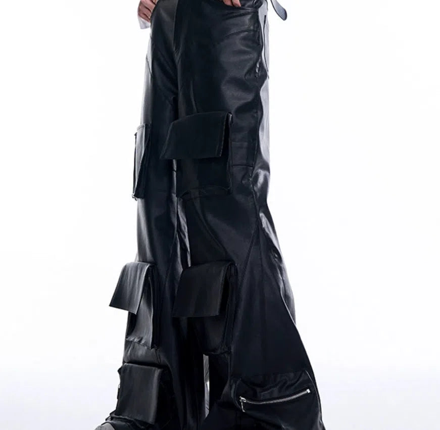 Black wide leg leather pants with three-dimensional pockets, autumn Korean style, sizes S to XL
