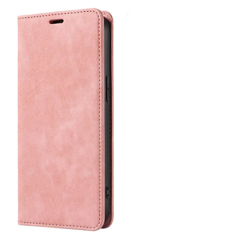 Magnetic flip phone case for iPhone in grey colour, showing front cover closed with magnetic seal.