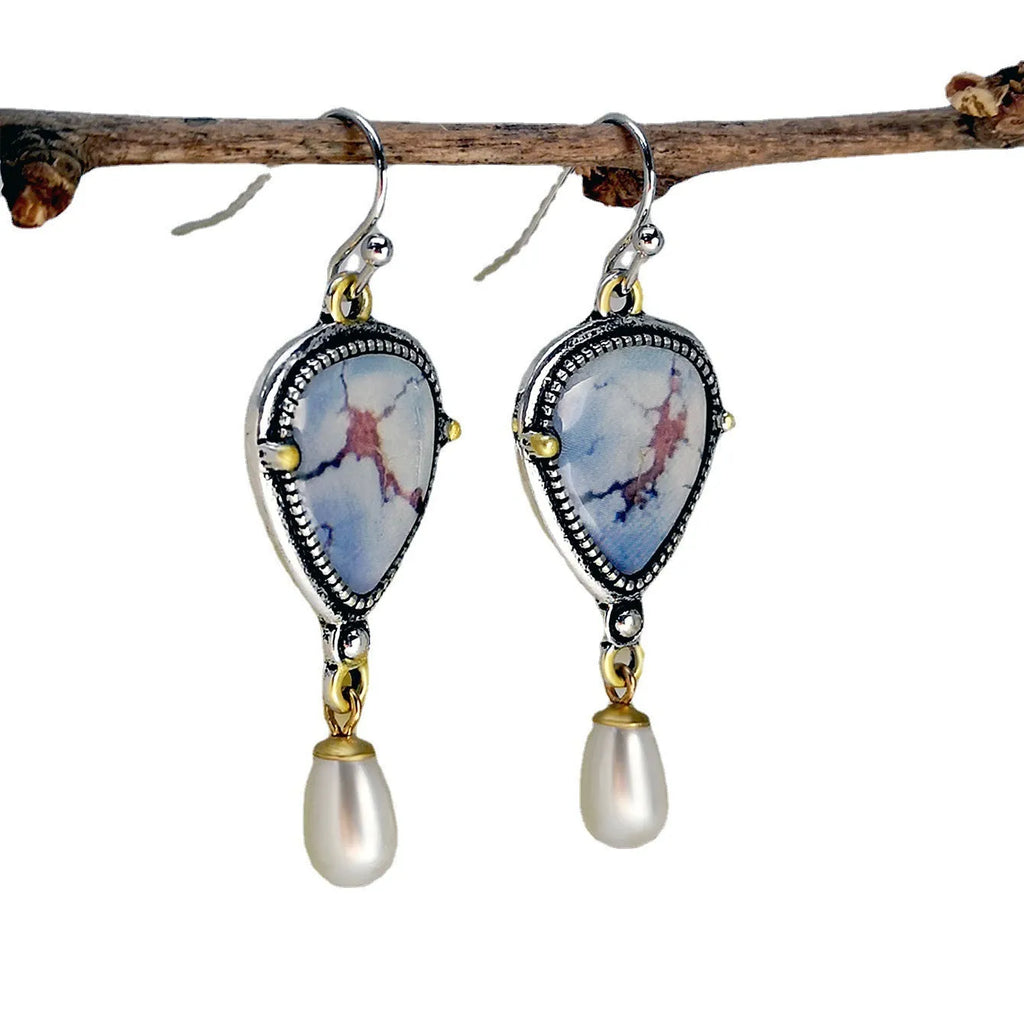 Retro blue drop earrings with synthetic opal and pearl geometric design