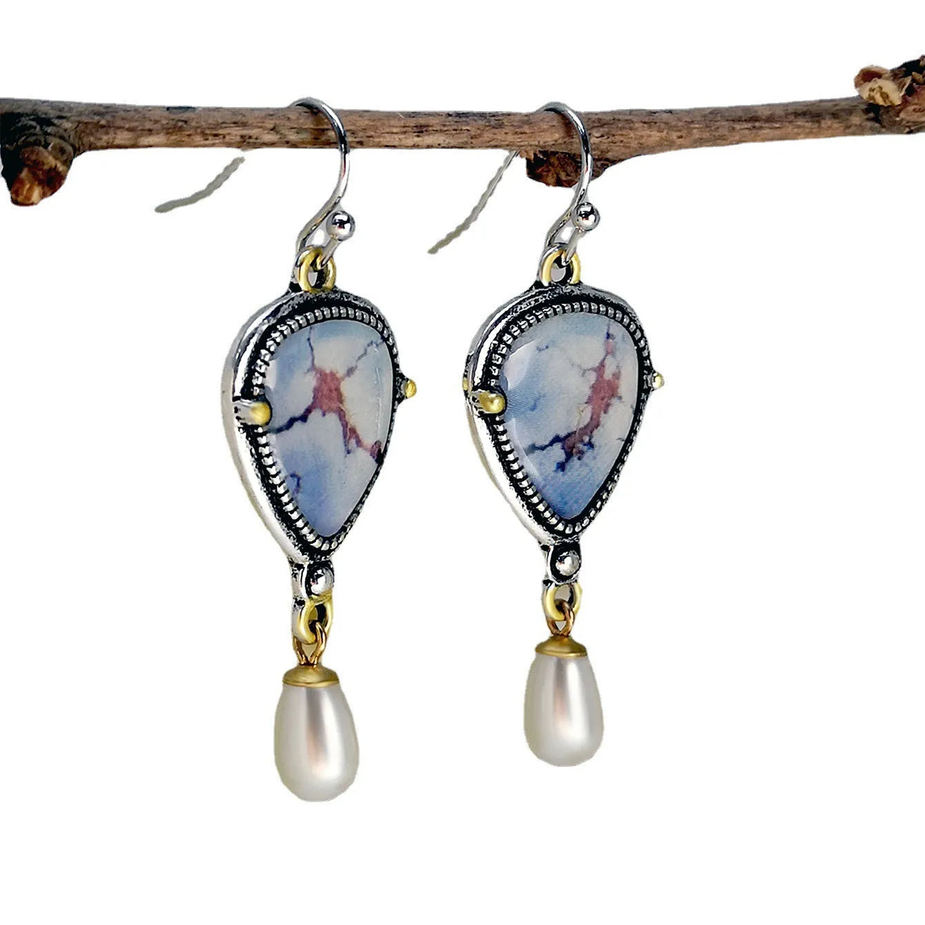 Retro blue drop earrings with synthetic opal and pearl geometric design