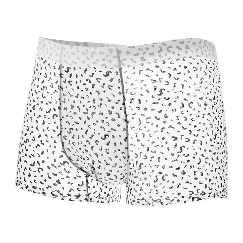 Men's black leopard print ice silk boxer shorts with a mid waist design