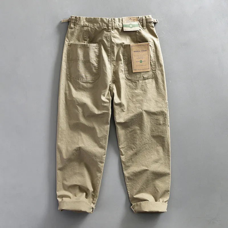Men's straight leg casual cotton trousers in apricot, brown, or army green.