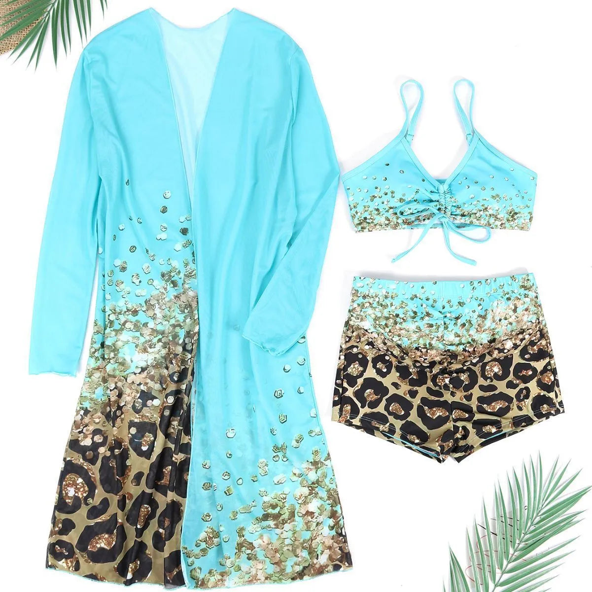 Women's three-piece swimsuit set showing sleeveless top, high-waisted shorts, and matching coat in polyester fabric