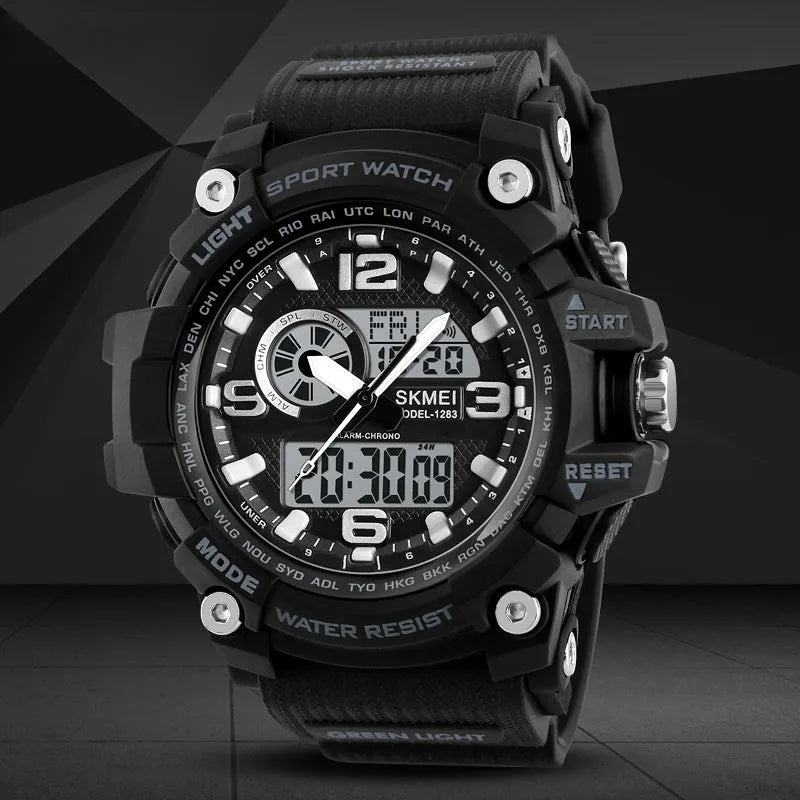 Sports waterproof electronic watch for men in black with silicone strap and plastic case