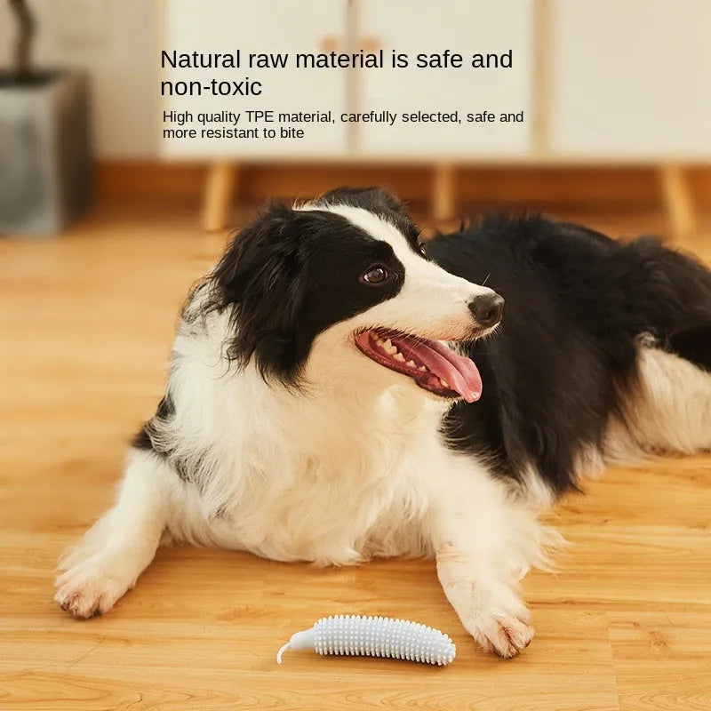 Green cucumber-shaped dog chew toy with a squeaker on a white background