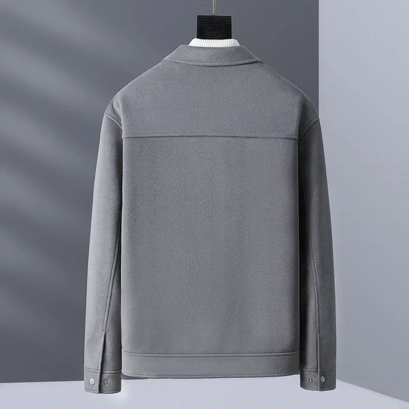 Men's knitted polo collar jacket in blue gray, camel or black, long sleeve polyester top, sizes M to 3XL