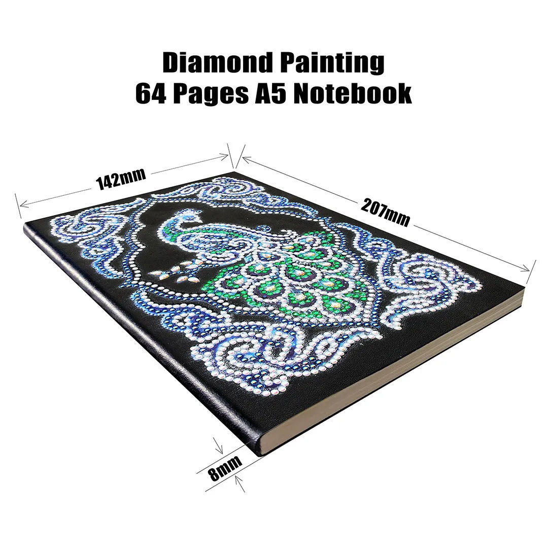 Peacock Beauty A5 diamond painting notebook with coloured resin drills on a black cover.