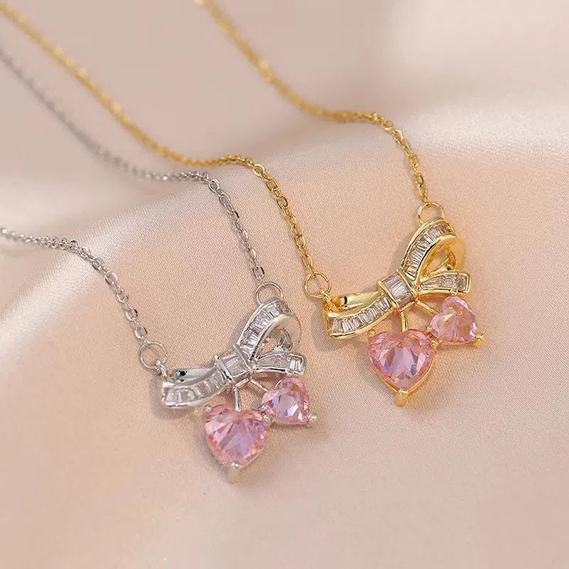 Titanium steel bow necklace collarbone chain in gold or steel colour with bow pendant