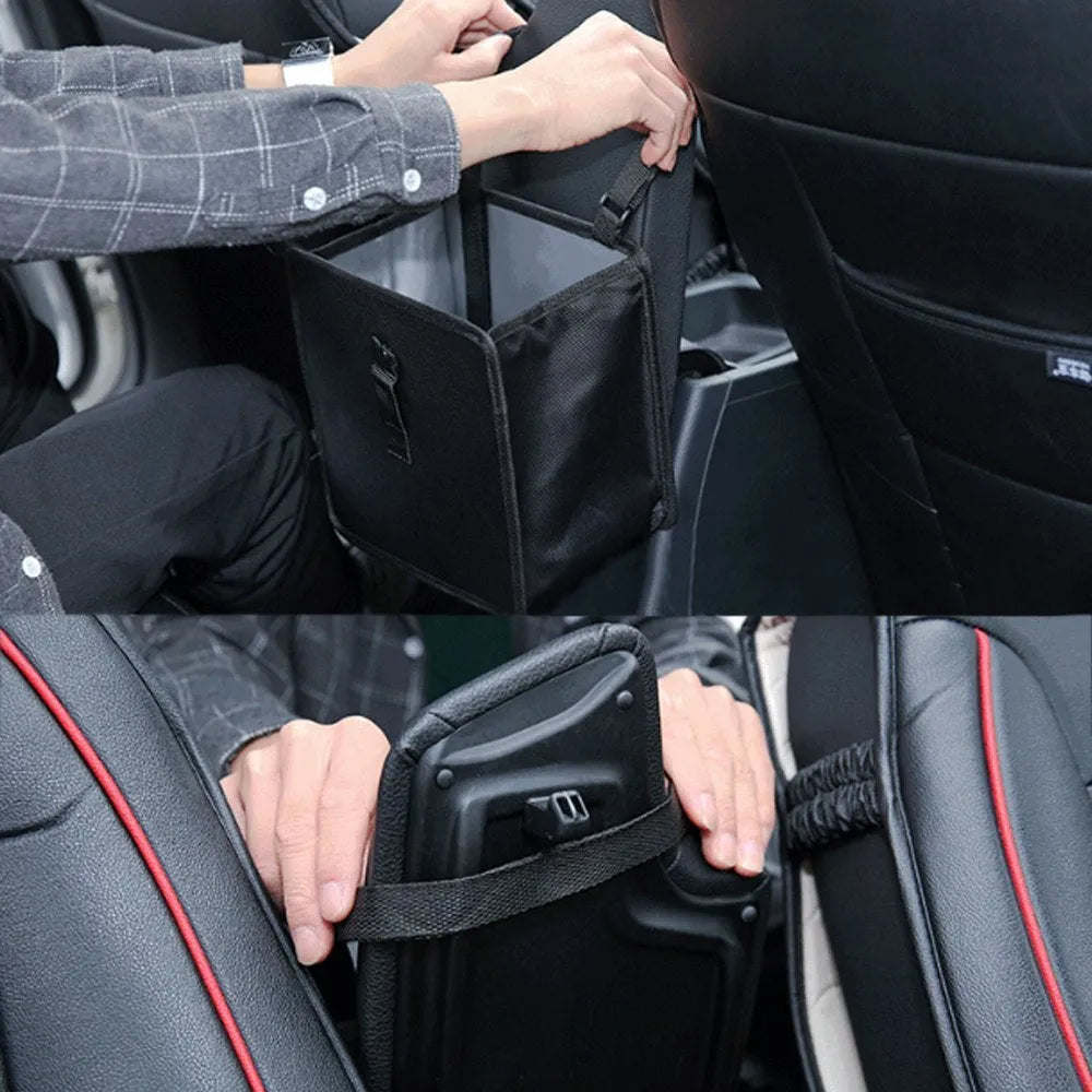 Foldable Oxford car wastebasket 22x22x15cm hanging from car seat with snap closures