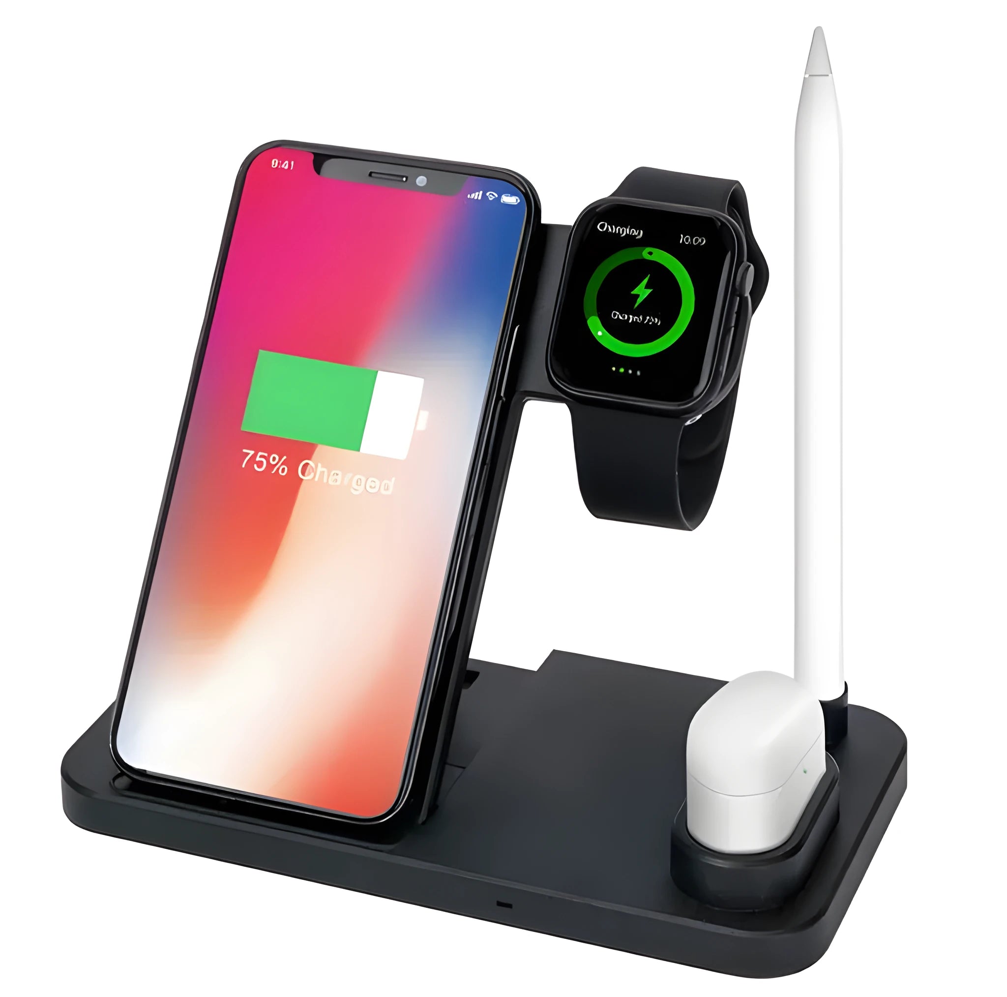 A white 4-in-1 wireless charger charging an iPhone and Apple Watch at an angle, with spots for AirPods and Apple Pencil.