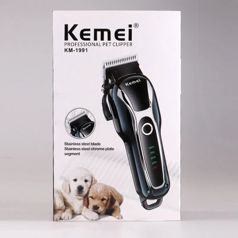Black rechargeable pet shaver and clipper with 5W motor, patented mobile blade, and 120-minute runtime
