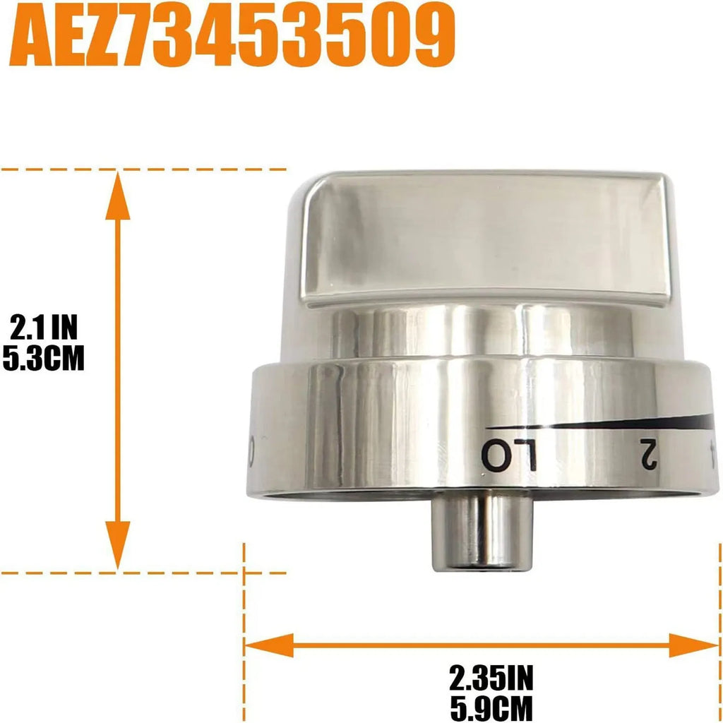 Silver metal oven control knob measuring 5.3cm diameter