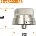 Silver metal oven control knob measuring 5.3cm diameter