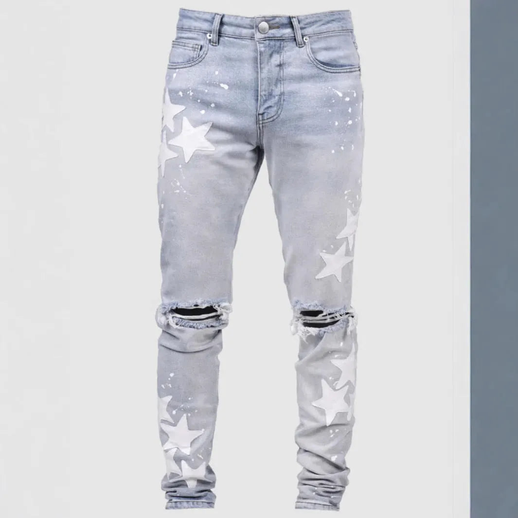 Men's slim fit blue jeans with embroidery detail and stretch fabric